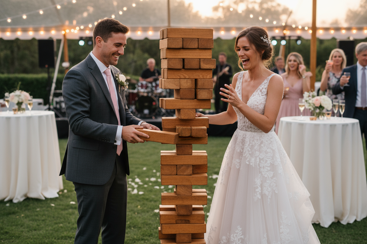 boda de novios jugando jenga gigiante 